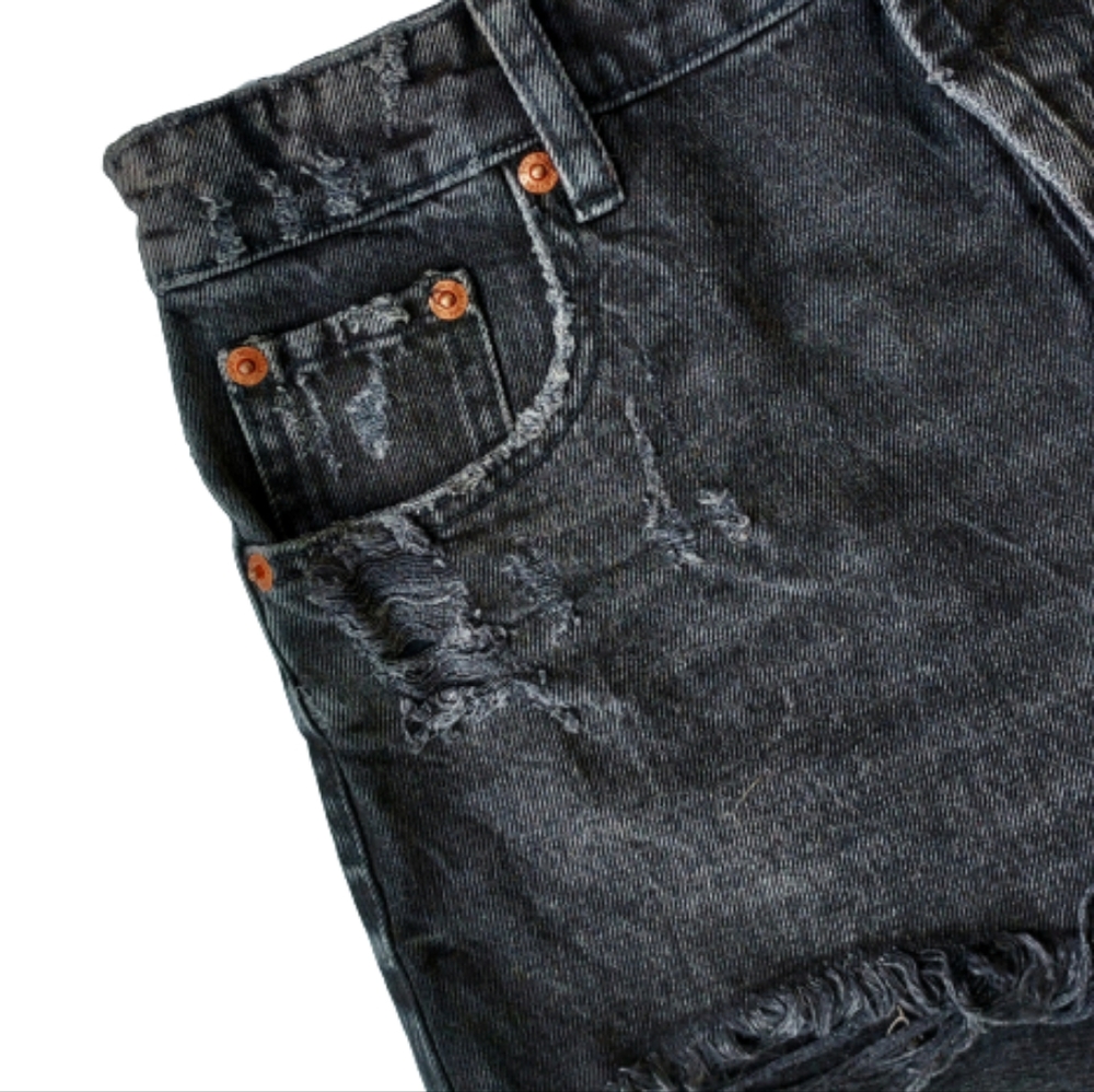 Zara Black Denim High Rise Distressed Short Size 6 Button Fly Frayed Hem NEW NWT - Picture 4 of 9
